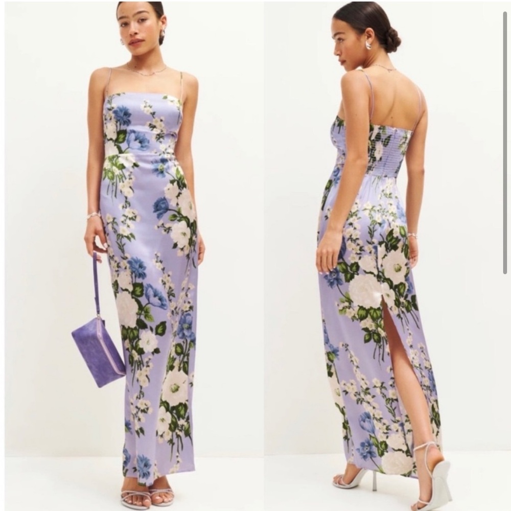 Reformation Frankie 100% Silk Lavender Floral Print Maxi Dress